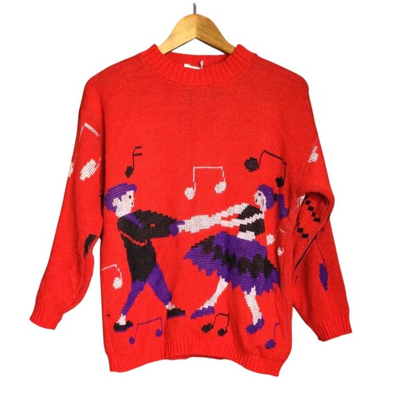 Vintage Red Knit Sweater Dance Music Theme Acrylic Novelty Design Made In USA - Picture 1 of 8